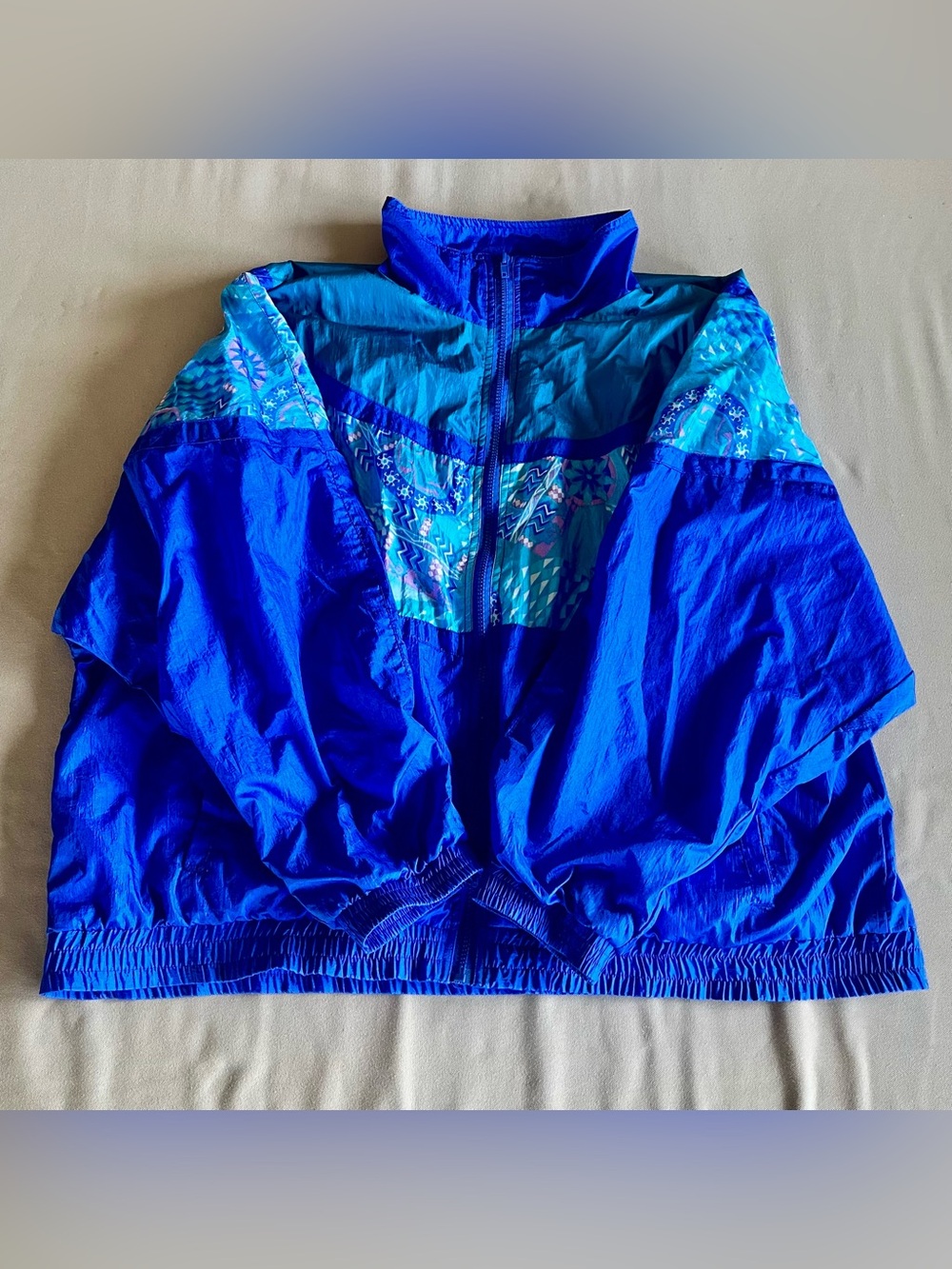 Vintage 90s Blue Honors Sporty Windbreaker Jacket Aqua Patterned Panels Size 2X